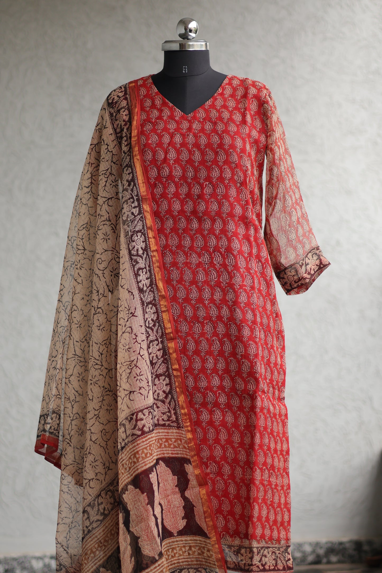 Maroon Handblock printed kota 3 piece suit (stitched)
