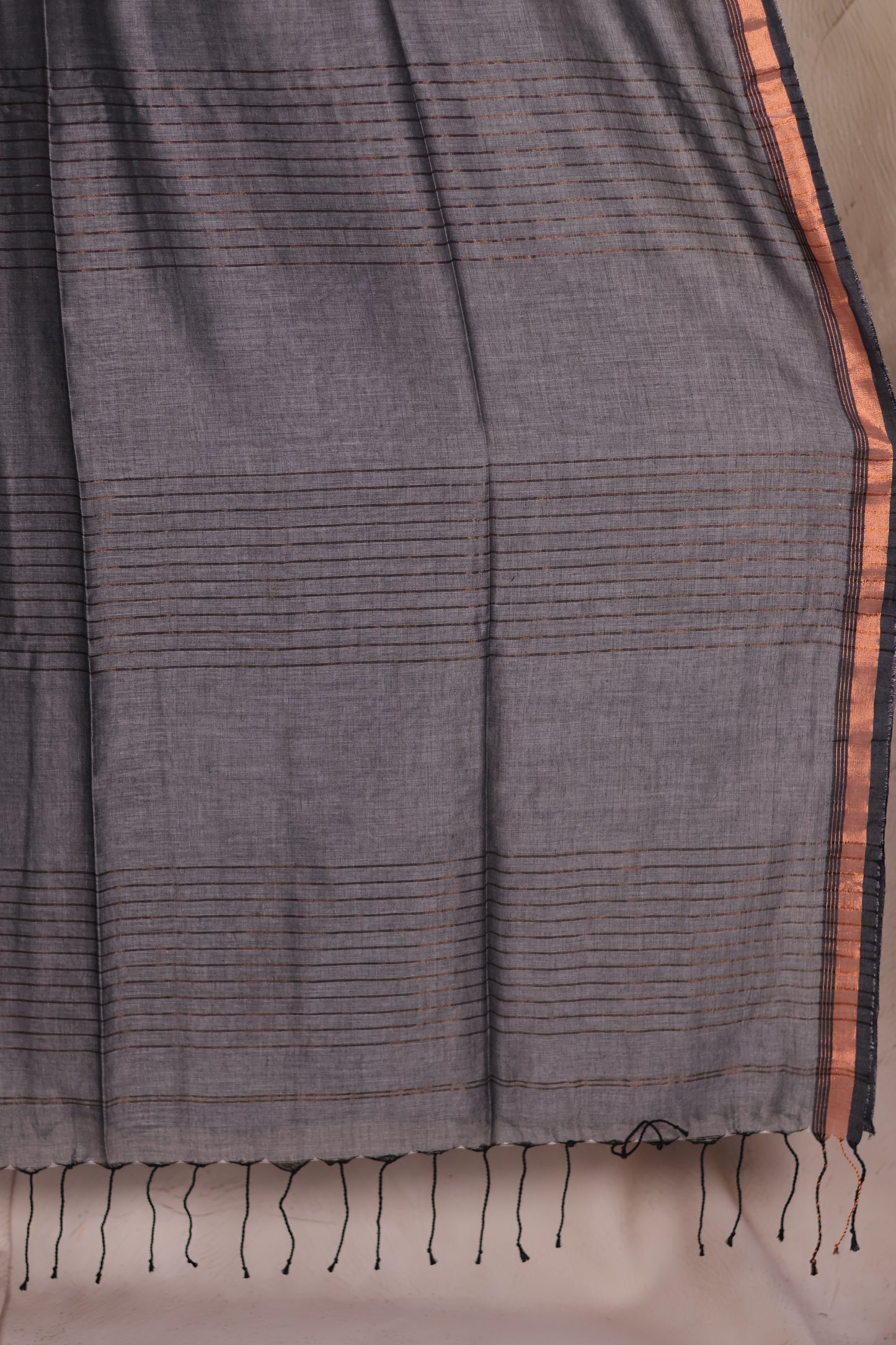 Grey Handwoven Malai Cotton Saree with Sequence Work with Ajrakh blouse piece