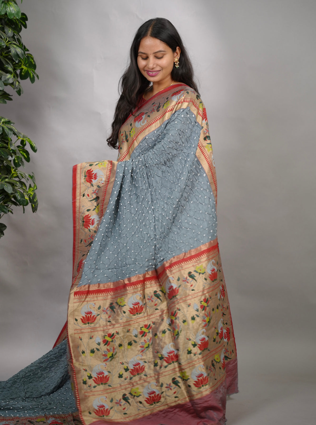 Grey Handcrafted Bandhani Paithani Dola Silk Saree | Looms & Tassels