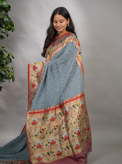 Grey Handcrafted Bandhani Paithani Dola Silk Saree | Looms & Tassels