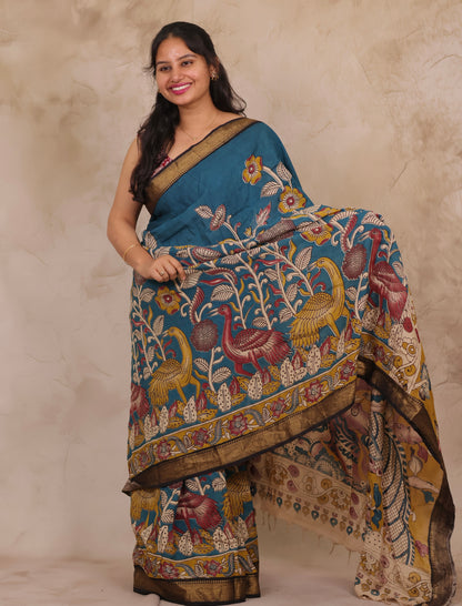 Blue Floral Kalamkari Nizam Border Chennur Silk Saree | Looms & Tassels