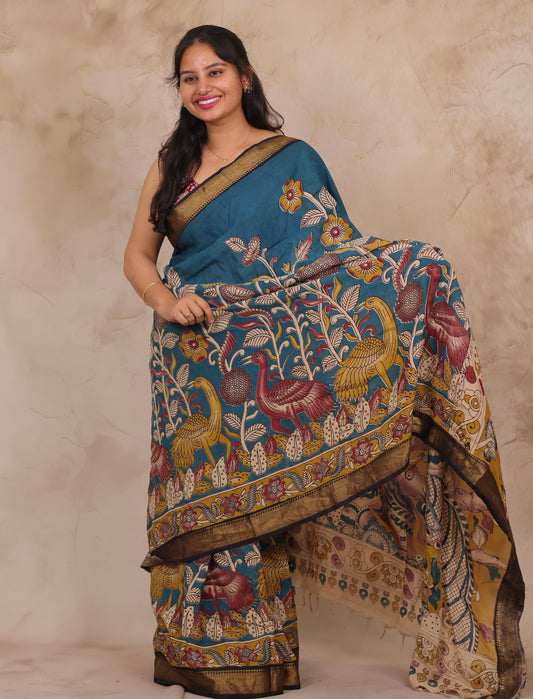 Blue Floral Kalamkari Nizam Border Chennur Silk Saree | Looms & Tassels