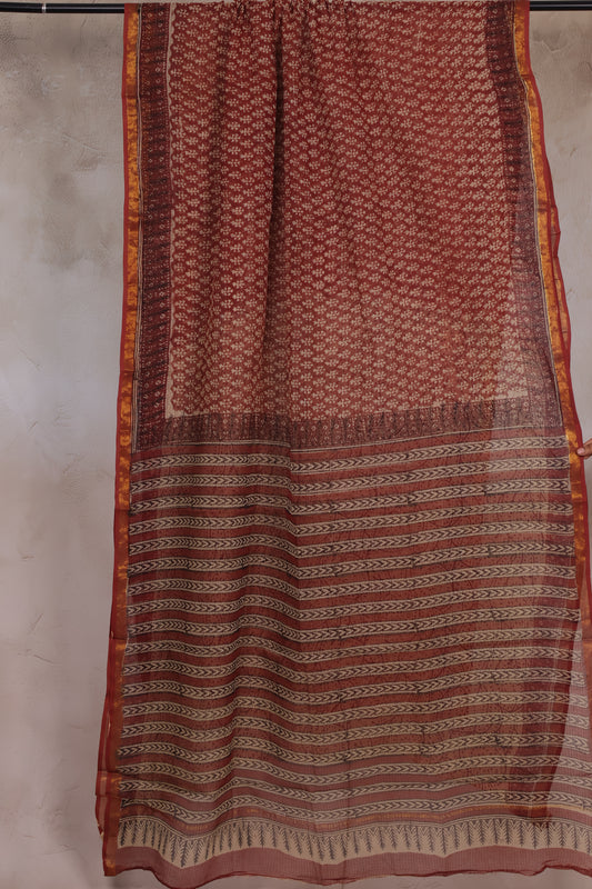 Brown Pure Kota Doria Saree with Bagru Handblock Prints | Looms & Tassels