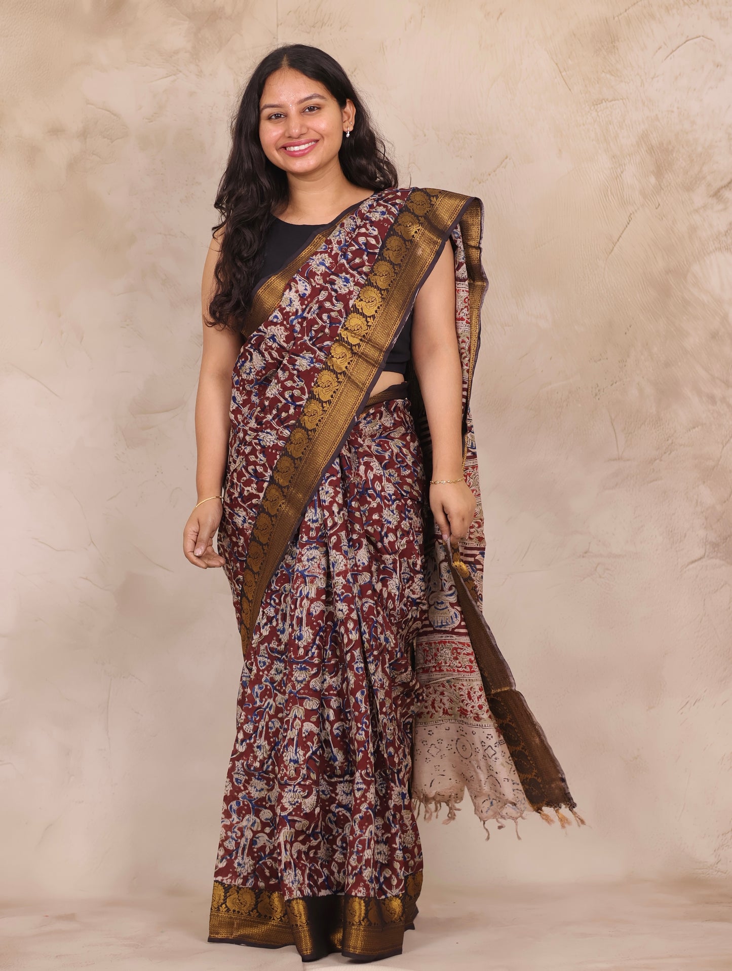 Hand Block Printed Kalamkari Kanchi Border Silk Saree