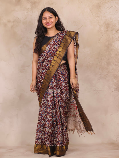 Hand Block Printed Kalamkari Kanchi Border Silk Saree