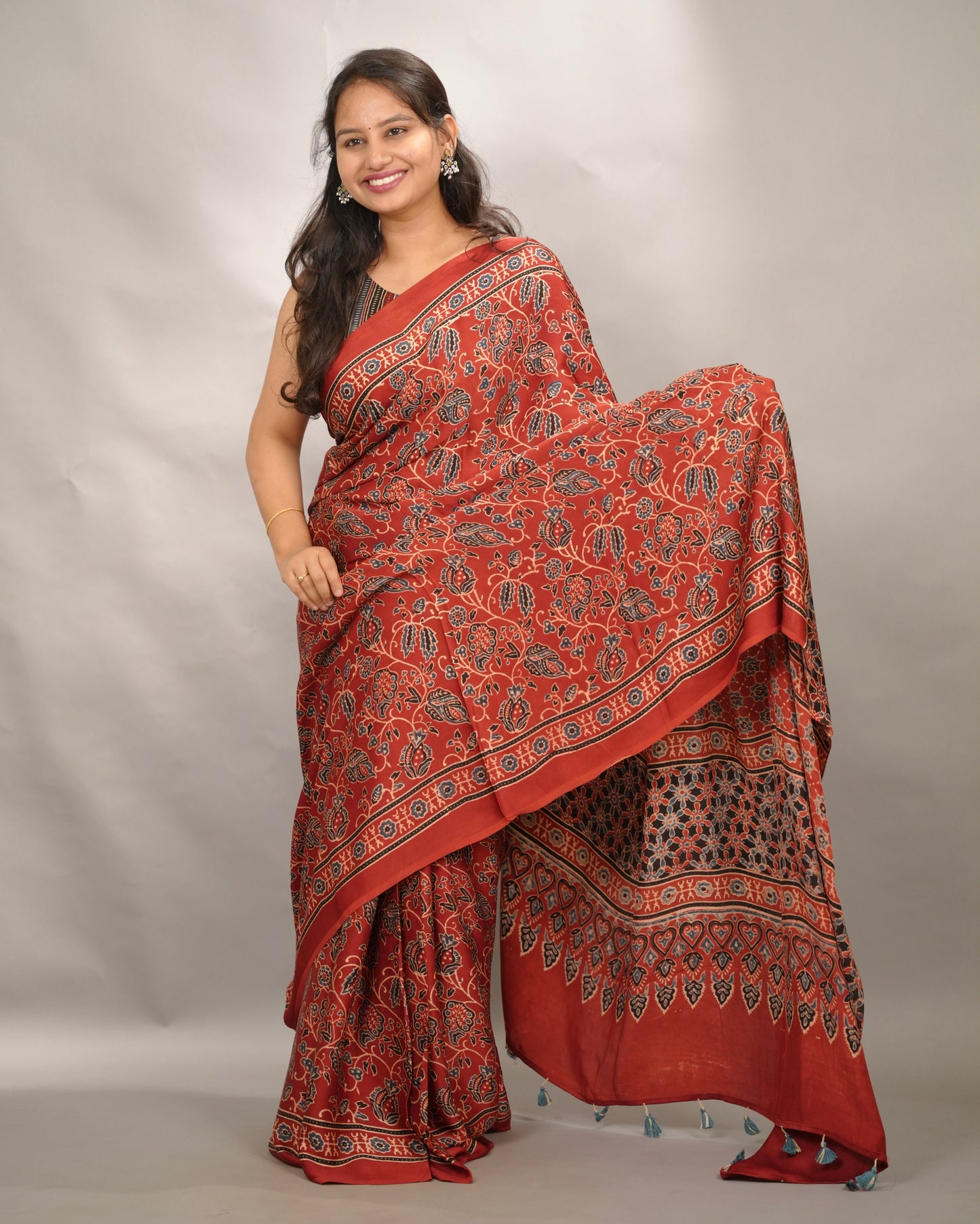 Red Authentic Ajrakh Handblock Printed Modal Silk Saree | Looms & Tassels