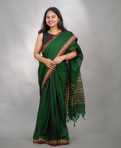 Bottle Green Narayanpet Cotton Saree With Temple Border | Looms & Tassels