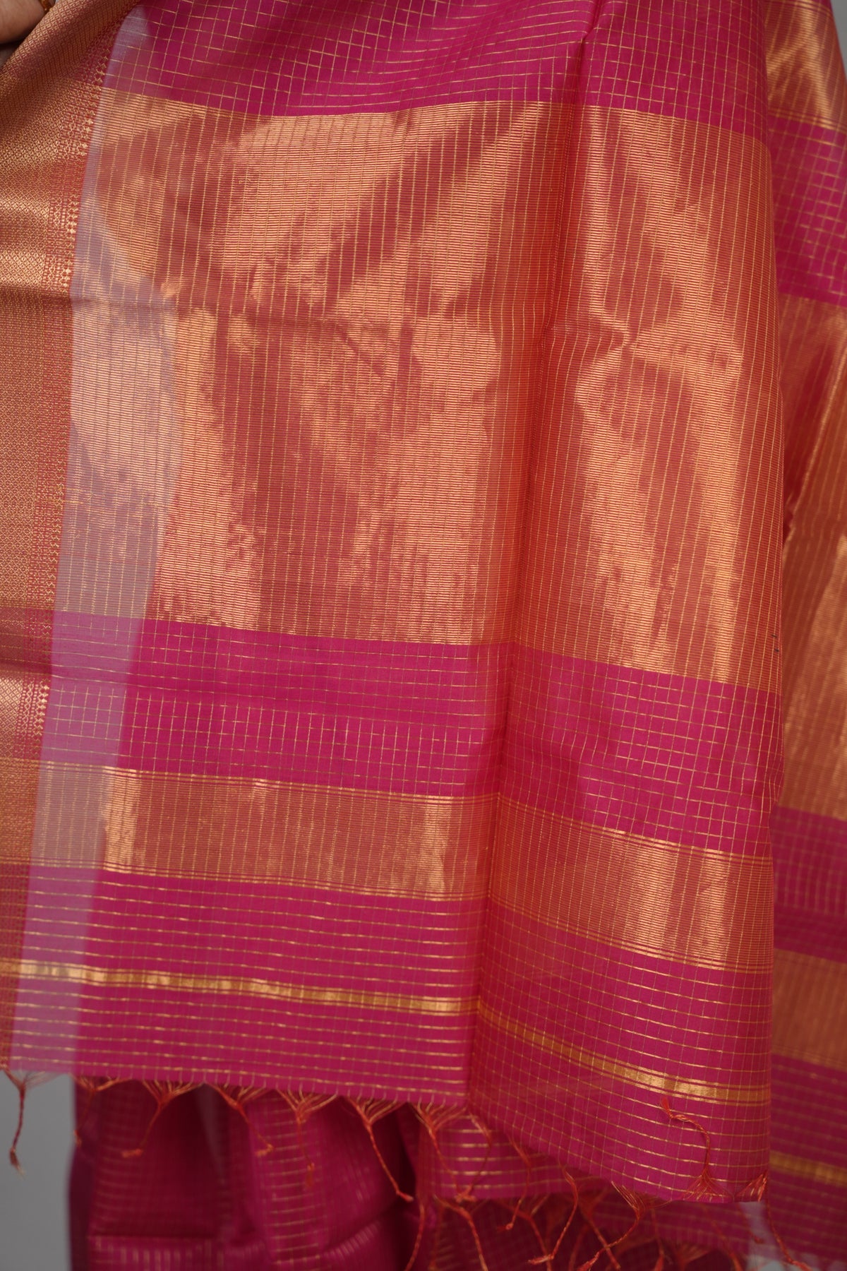 Pink Checks Handloom Maheswari Silk Cotton Sarees | Looms & Tassels