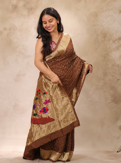 Brown Handcrafted Bandhani Paithani Dola Silk Saree | Looms & Tassels