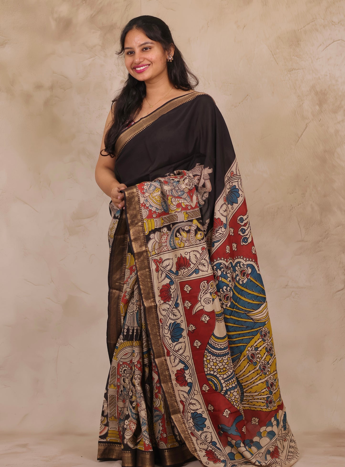 Black Story Telling Kalamkari Nizam Border Chennur Silk Saree | Looms & Tassels