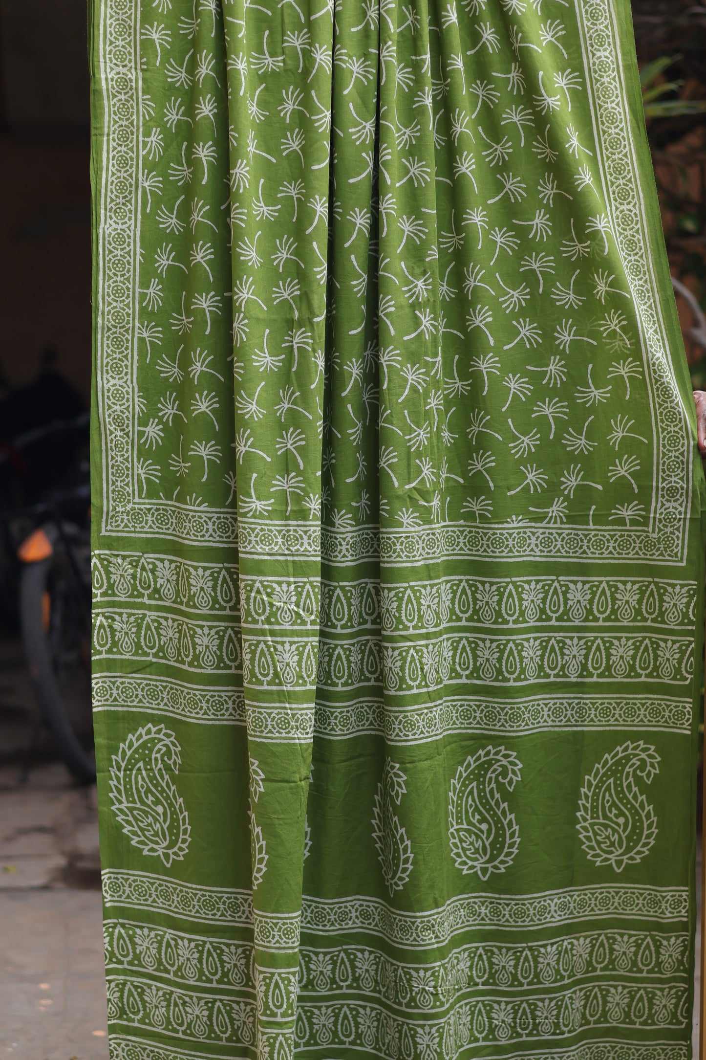 Parrot Green Bagru Handblock printed MulMul cotton saree