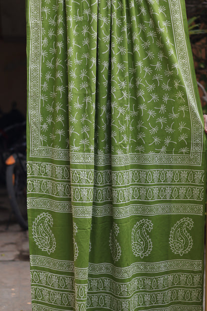 Parrot Green Bagru Handblock printed MulMul cotton saree