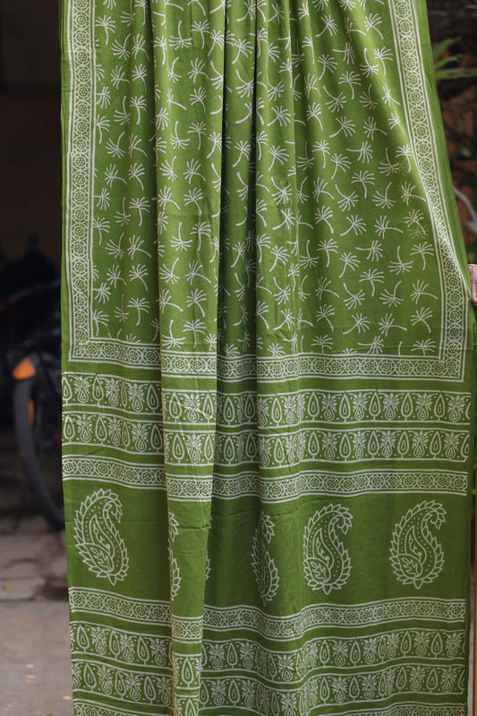 Parrot Green Bagru Handblock printed MulMul cotton saree