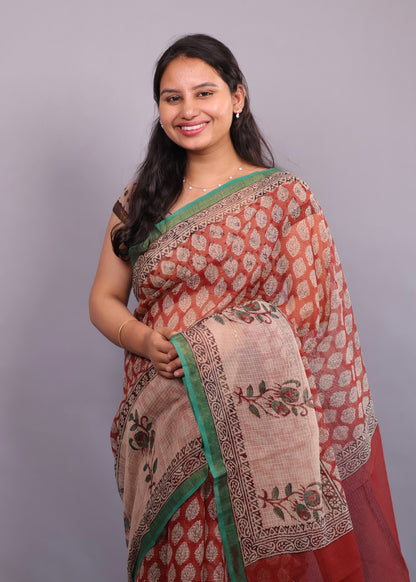 Pure Kota Doria Saree with Bagru Handblock Prints – Maroon | Looms&Tassels