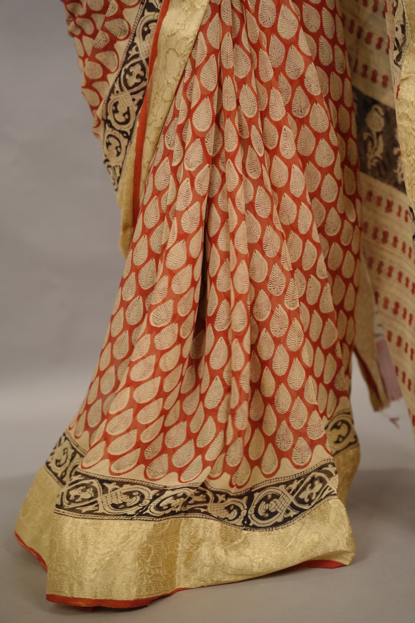 Red Chiffon Hand Block Printed Saree with Jari Border | Looms & Tassels
