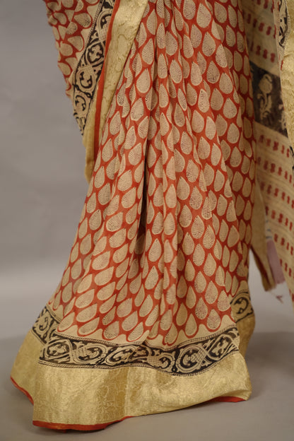 Red Chiffon Hand Block Printed Saree with Jari Border | Looms & Tassels