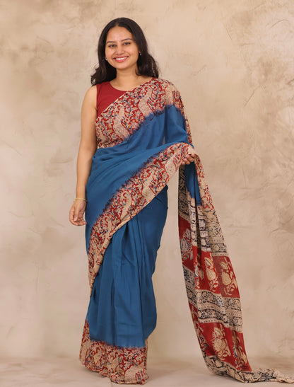 Cyan Blue Hand Block Printed Kalamkari Cotton Saree | Looms & Tassels