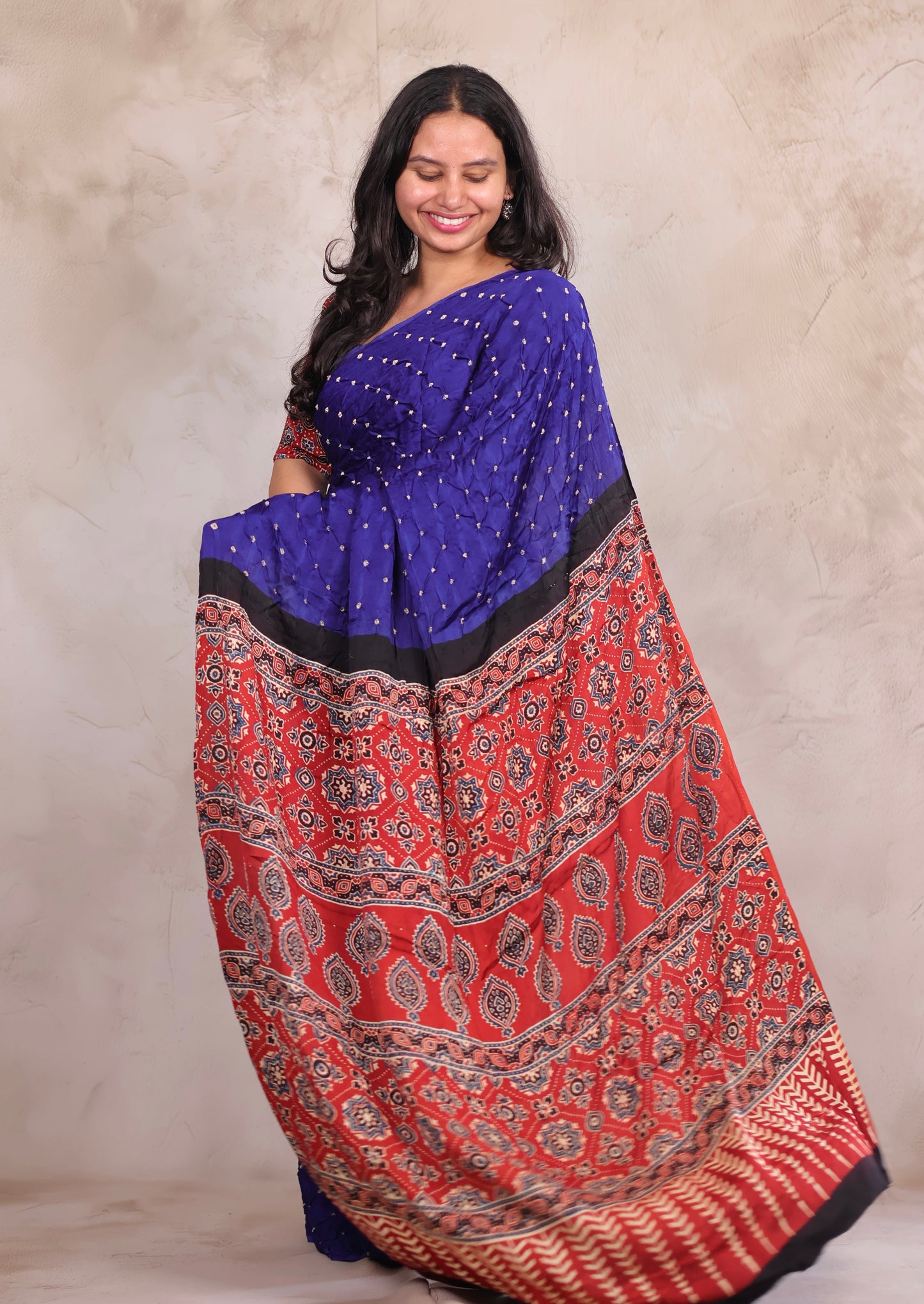 Royal Blue Hand Knotted Bandhej Modal Silk Saree with Ajrakh Pallu | Looms & Tassels