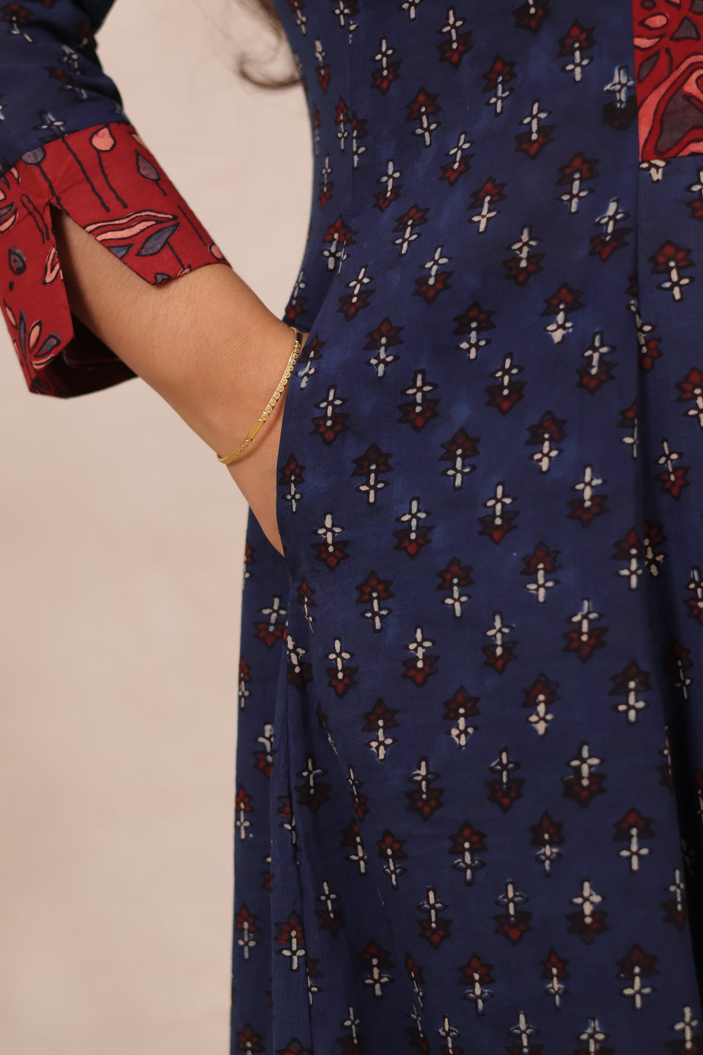 Indigo Patch Work Ajrakh Handblock Printed Kali Kurti (Pure Mul Cotton ) | Looms & Tassels