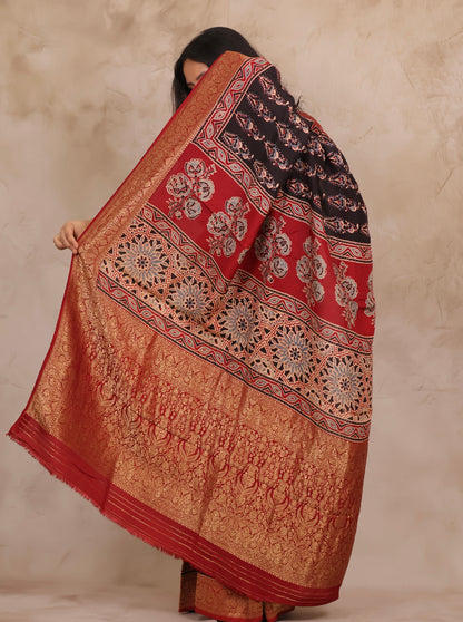Black Ajrakh Handblock printed Dola Silk Saree | Looms & Tassels