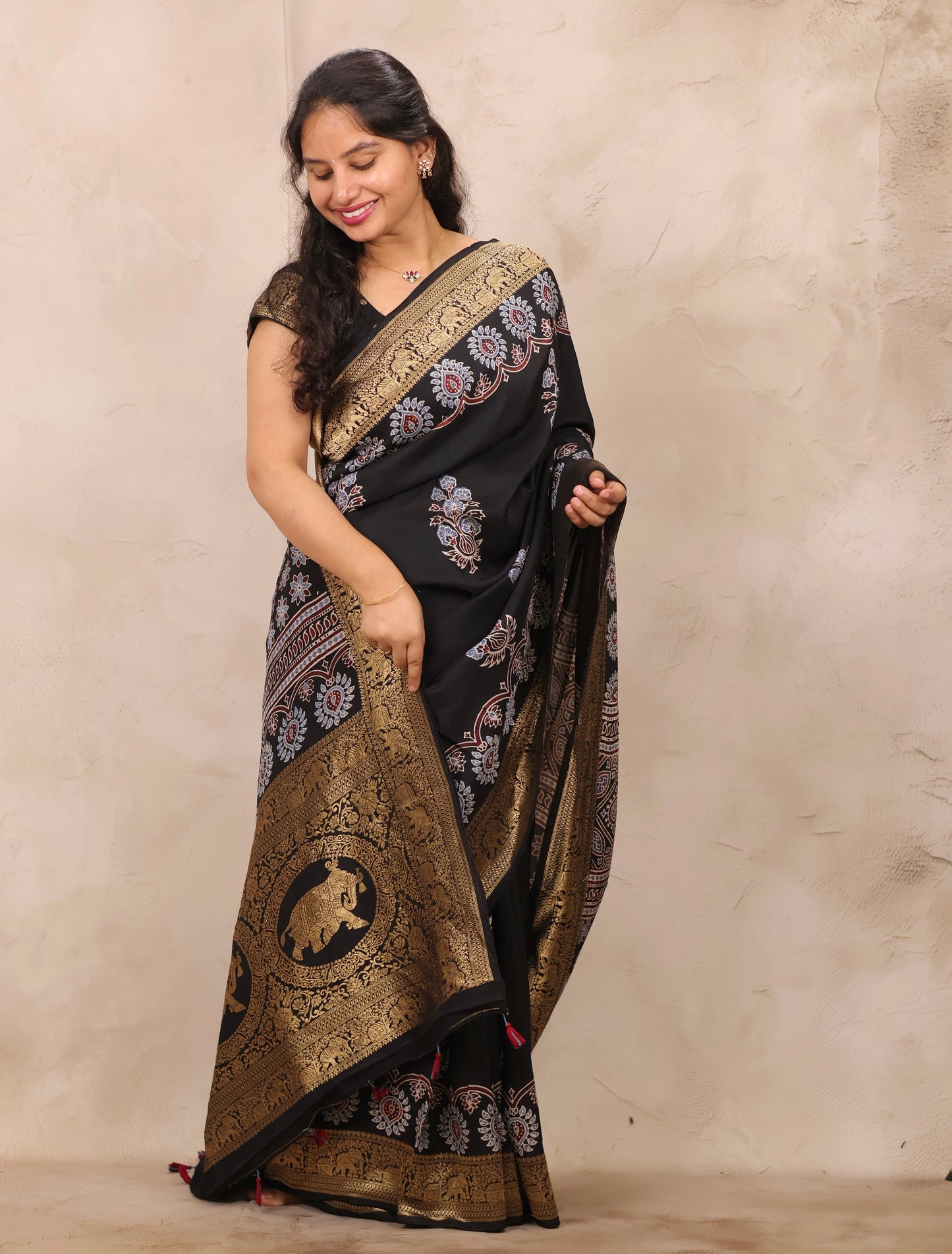 Black Ajrakh Handblock printed Dola Silk Saree | Looms & Tassels