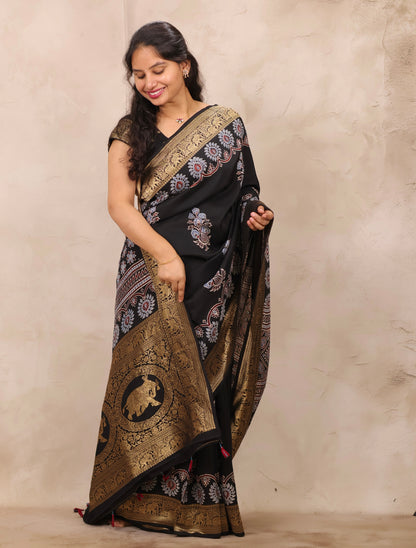 Black Ajrakh Handblock printed Dola Silk Saree | Looms & Tassels
