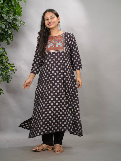 Black Ajrakh Pattern Hand Block printed Aline Kurti | Looms & Tassels