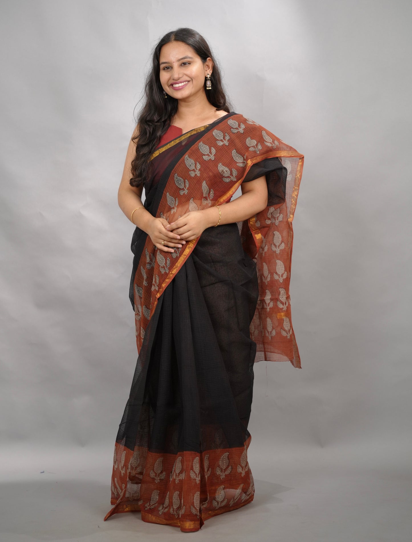 Black & Maroon Pure Kota Doria Saree with Bagru Handblock Prints | Looms & Tassels
