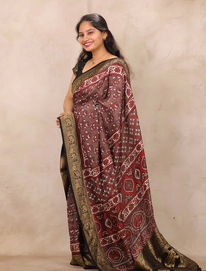 Dusty Brown Ajrakh Handblock printed Dola Silk Saree | Looms & Tassels