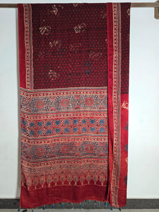Red Exclusive Geometric Star Ajrakh Handblock Printed Modal Silk Sare