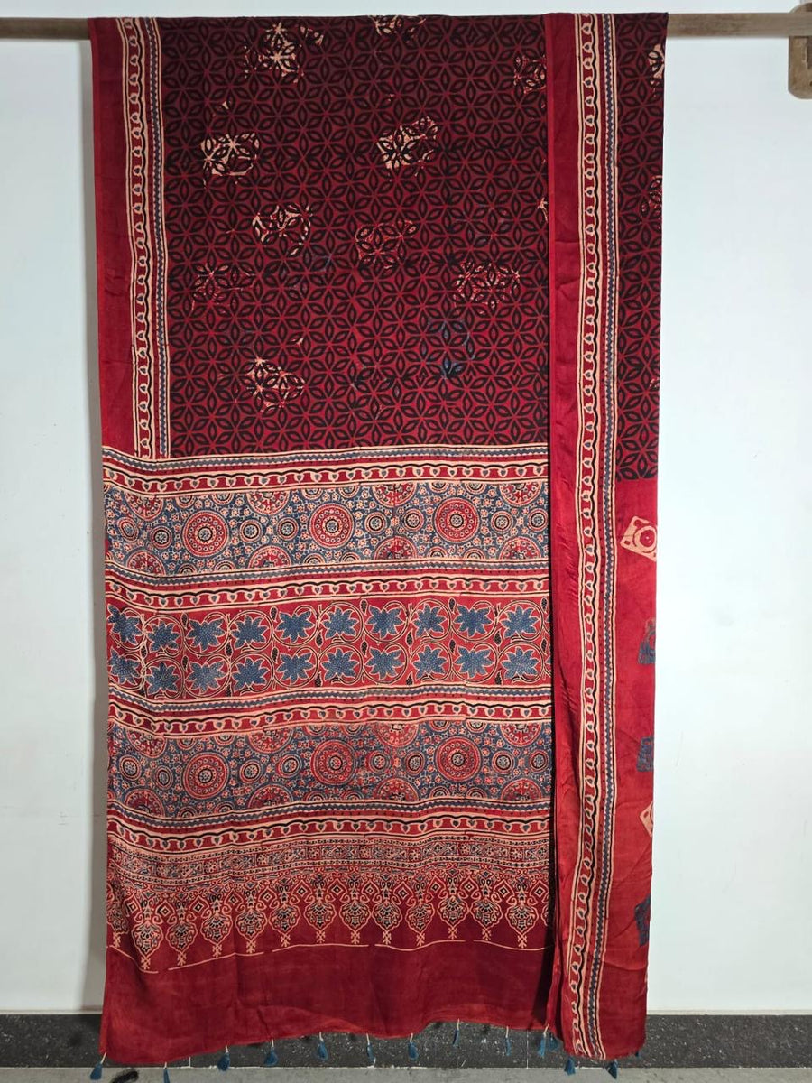Red Exclusive Geometric Star Authentic Ajrakh Handblock Printed Modal Silk Saree | Looms & Tassels