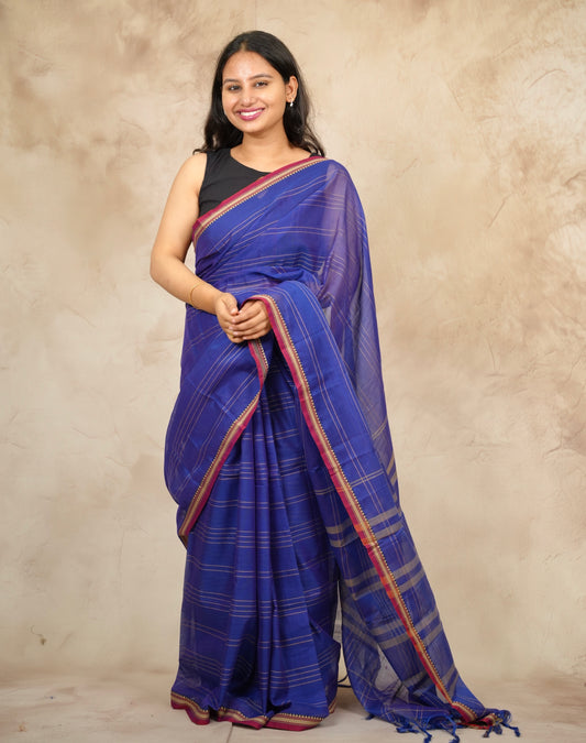 Blue Narayanpet Cotton Saree lines weaving | Looms & Tassels