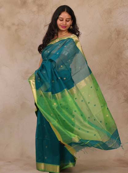 Rama Green Handloom Maheswari Silk Cotton Sarees | Looms & Tassels