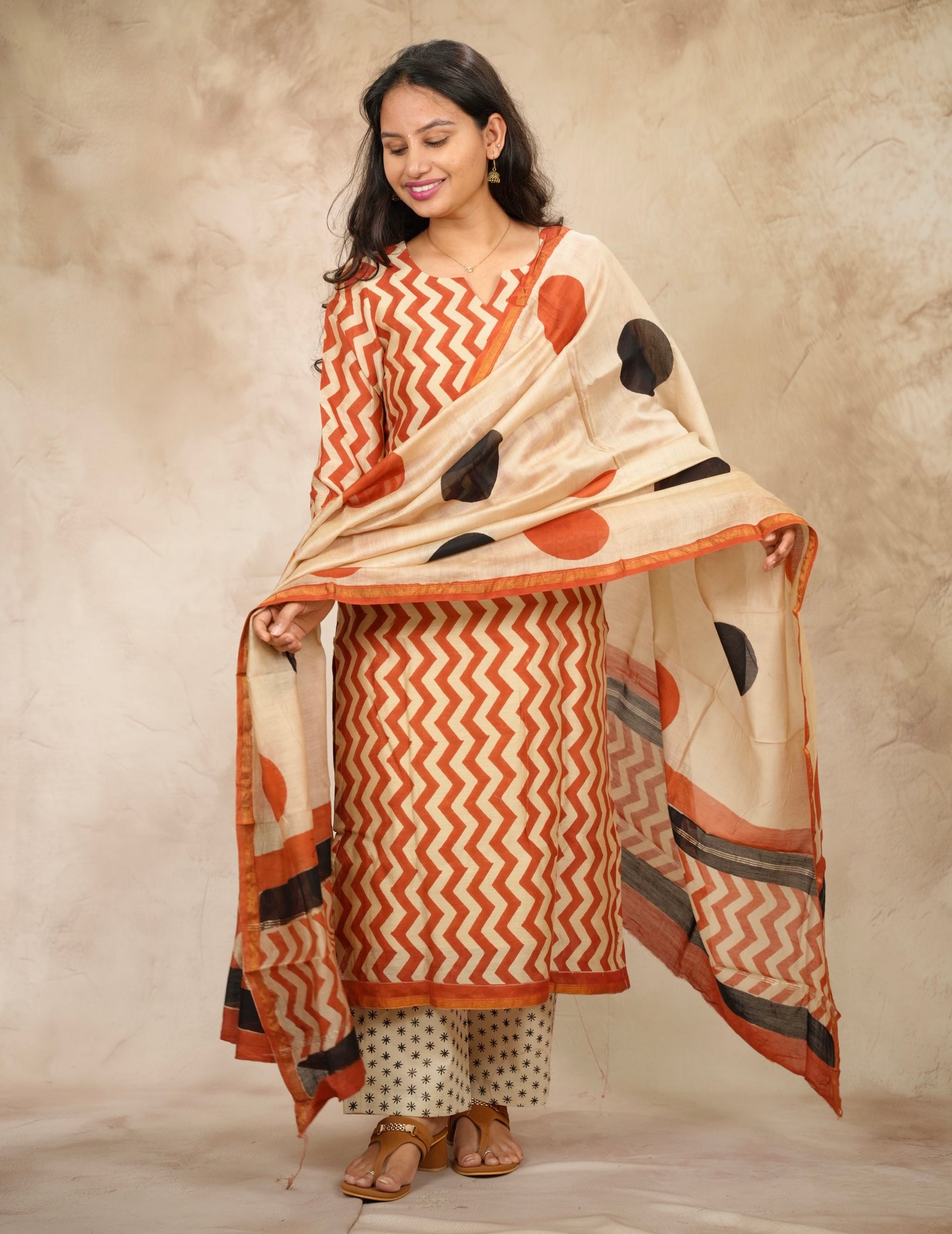 Handblock printed Pure Chenderi Silk 3 piece suit (stitched) |  Looms & Tassels