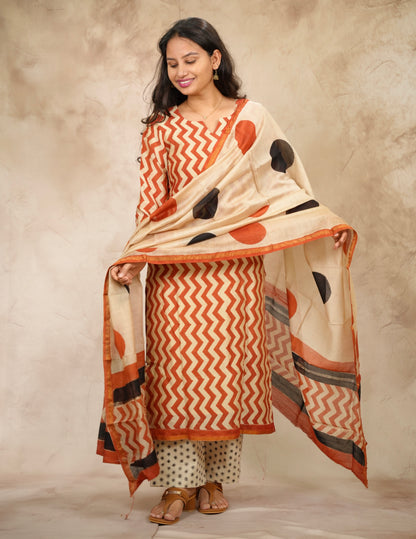 Handblock printed Pure Chenderi Silk 3 piece suit (stitched) |  Looms & Tassels