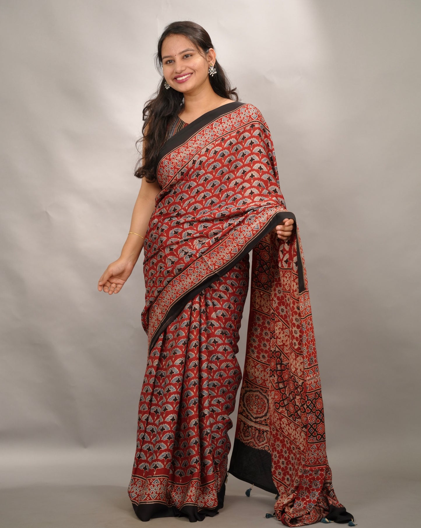 Maroon Authentic Ajrakh Handblock Printed Modal Silk Saree | Looms & Tassels