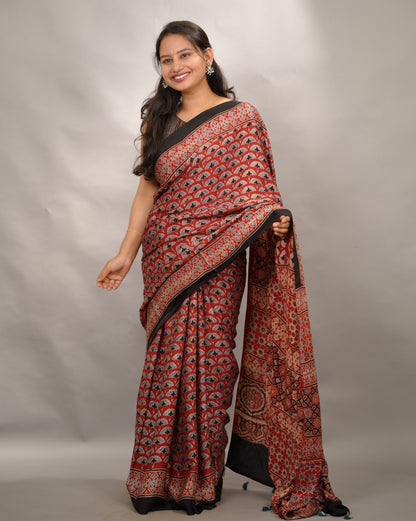Maroon Authentic Ajrakh Handblock Printed Modal Silk Saree | Looms & Tassels
