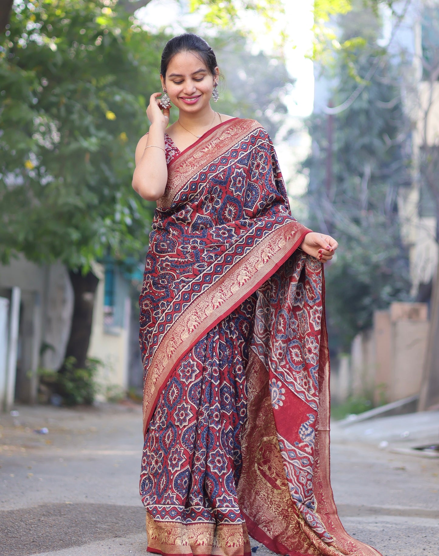 Ajrakh Dola Silk Saree