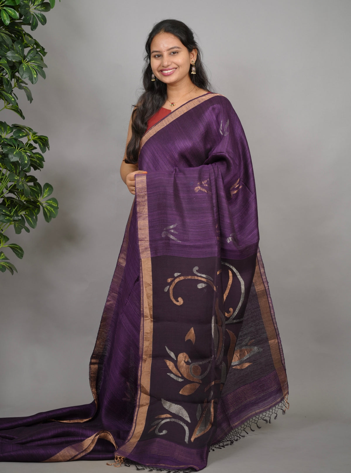 Purple  Handloom Jamdhani Pure Matka Silk Saree with Muslin Silk Pallu