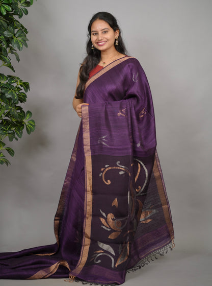 Purple  Handloom Jamdhani Pure Matka Silk Saree with Muslin Silk Pallu