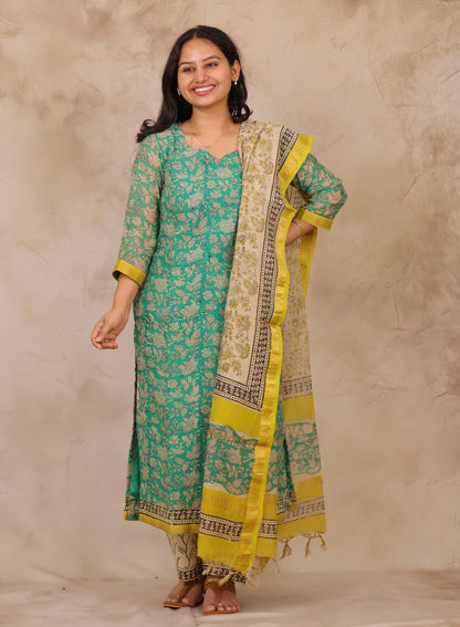 Sea Green Handblock printed Pure Maheswari Silk 3 piece suit (stitched)