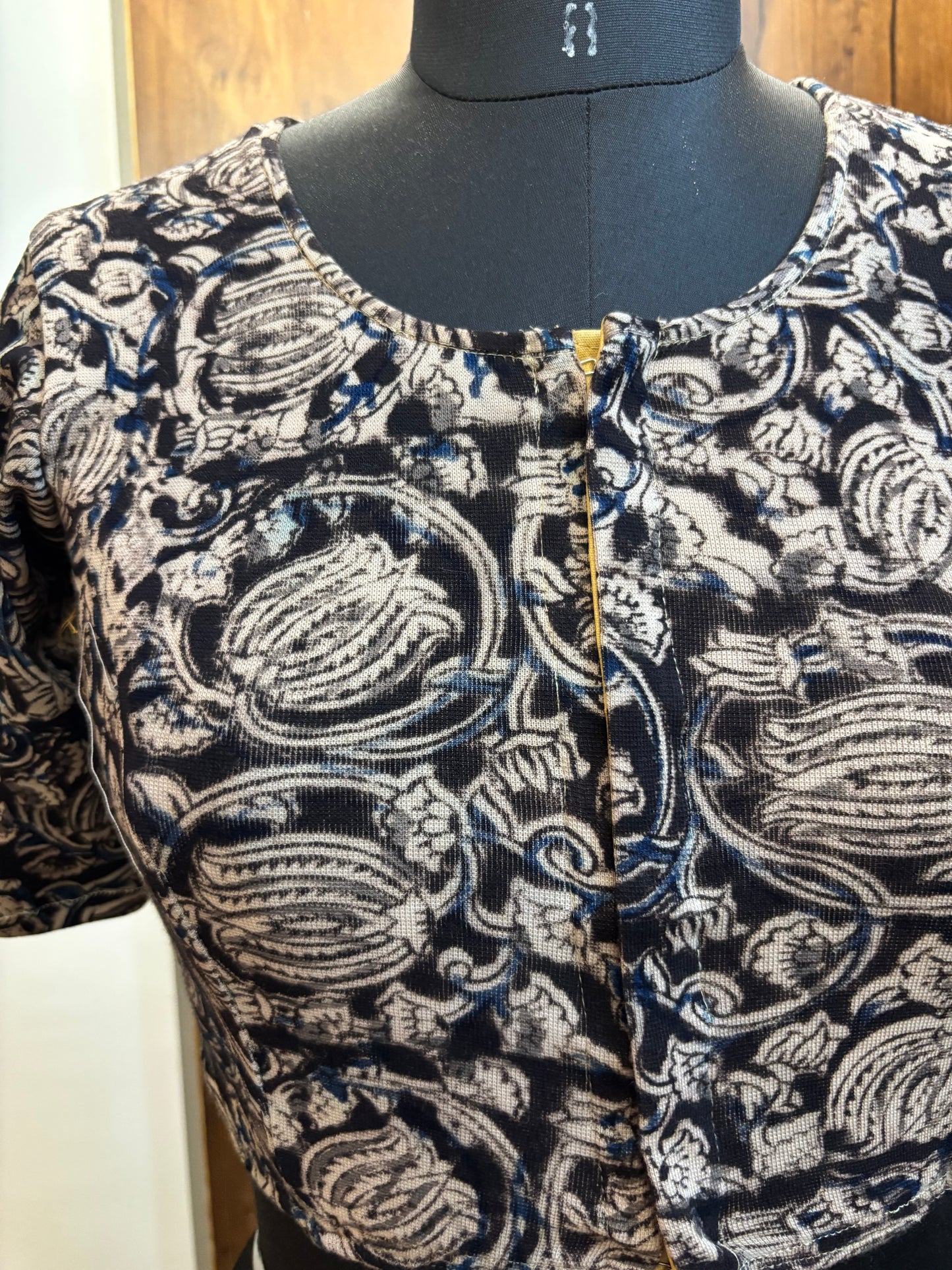 Black Round neck Stretchable Hand block printed kalamkari blouse with front hooks