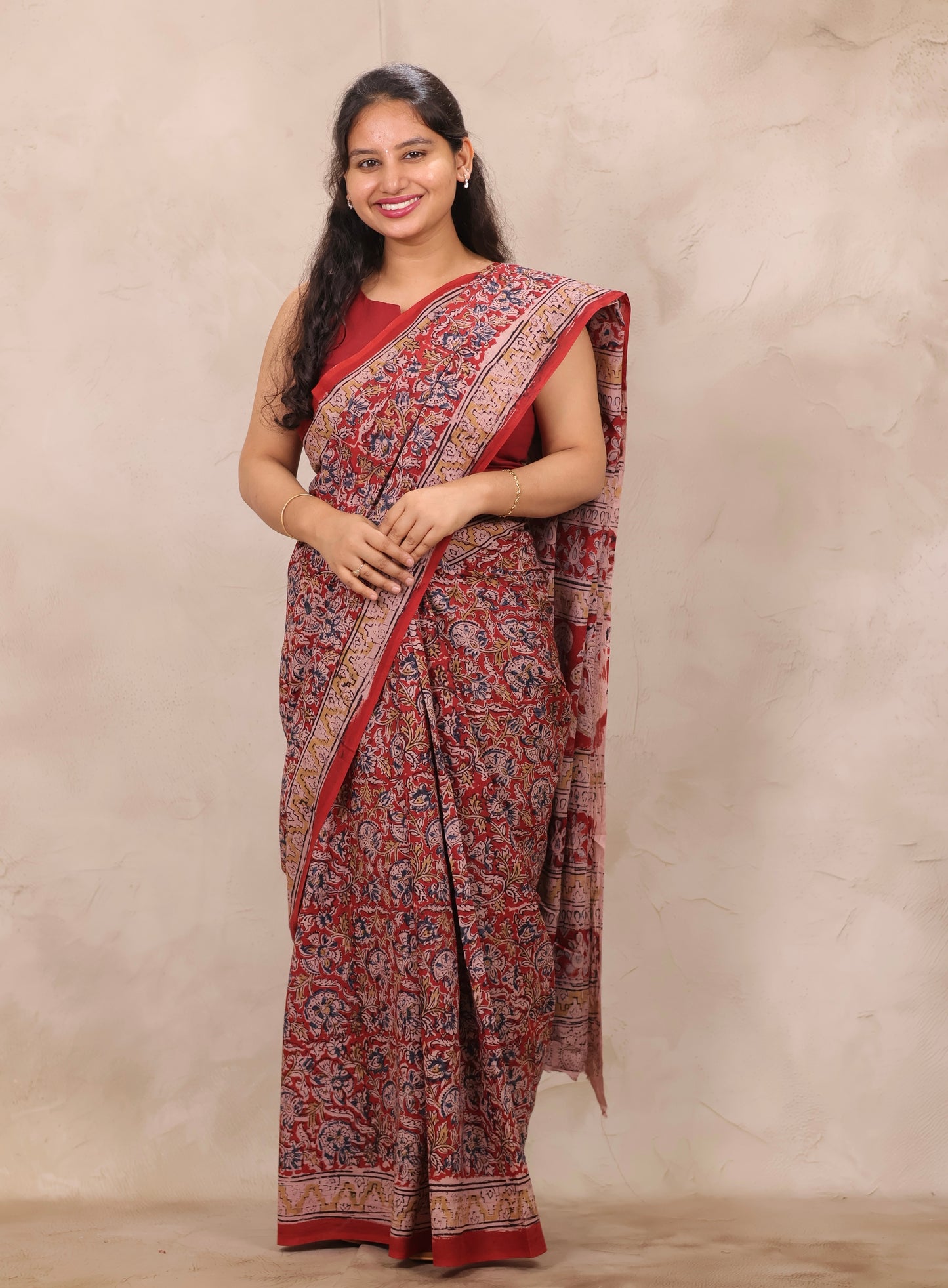 Red Hand Block Printed Kalamkari Cotton Saree | Looms & Tassels
