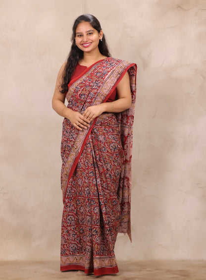 Red Hand Block Printed Kalamkari Cotton Saree | Looms & Tassels