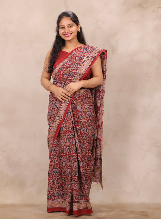 Red Hand Block Printed Kalamkari Cotton Saree | Looms & Tassels