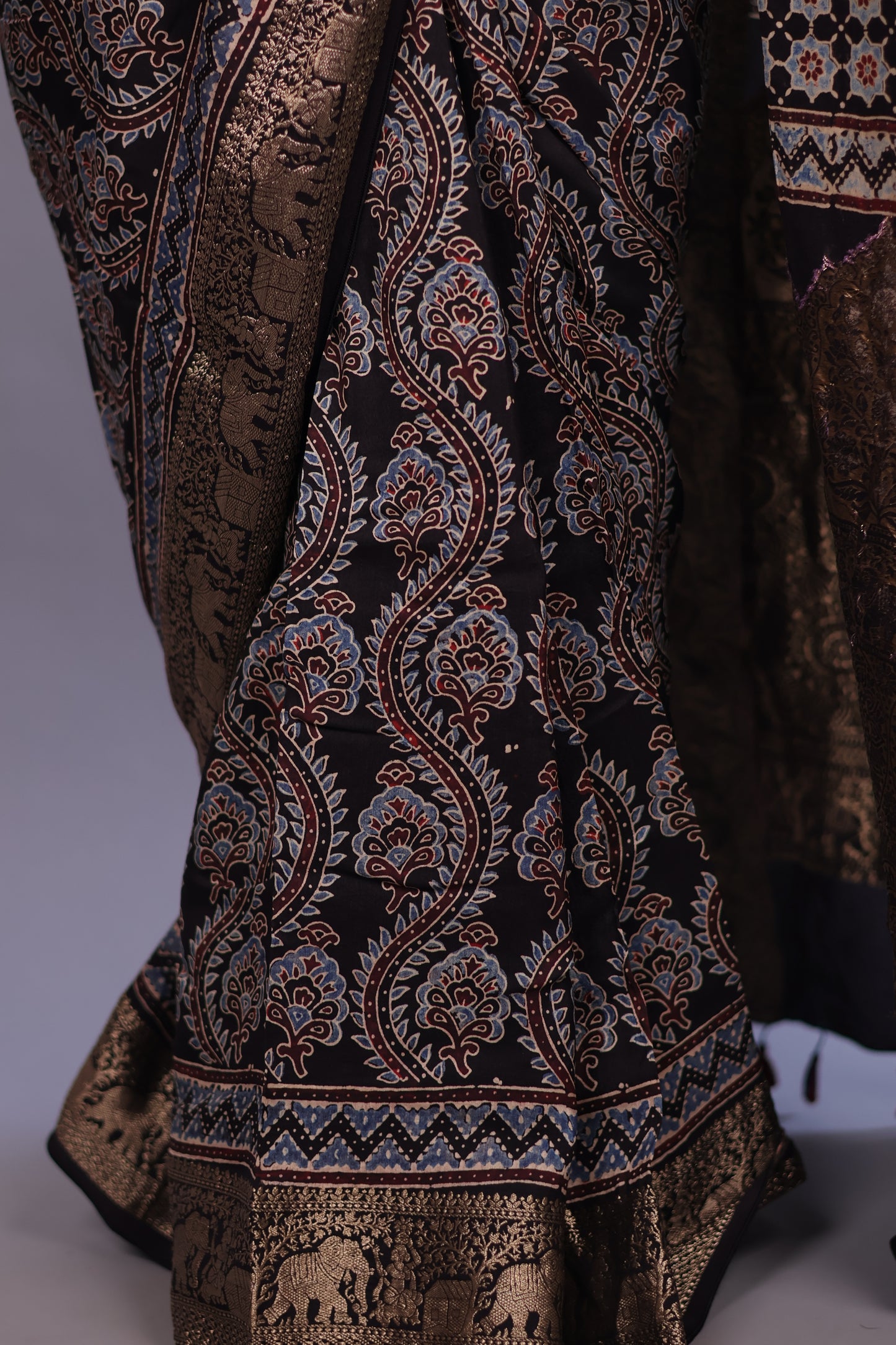 Black Floral Jal Motifs Ajrakh Handblock printed Dola Silk Saree | Looms & Tassels