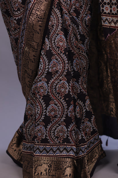 Black Floral Jal Motifs Ajrakh Handblock printed Dola Silk Saree | Looms & Tassels