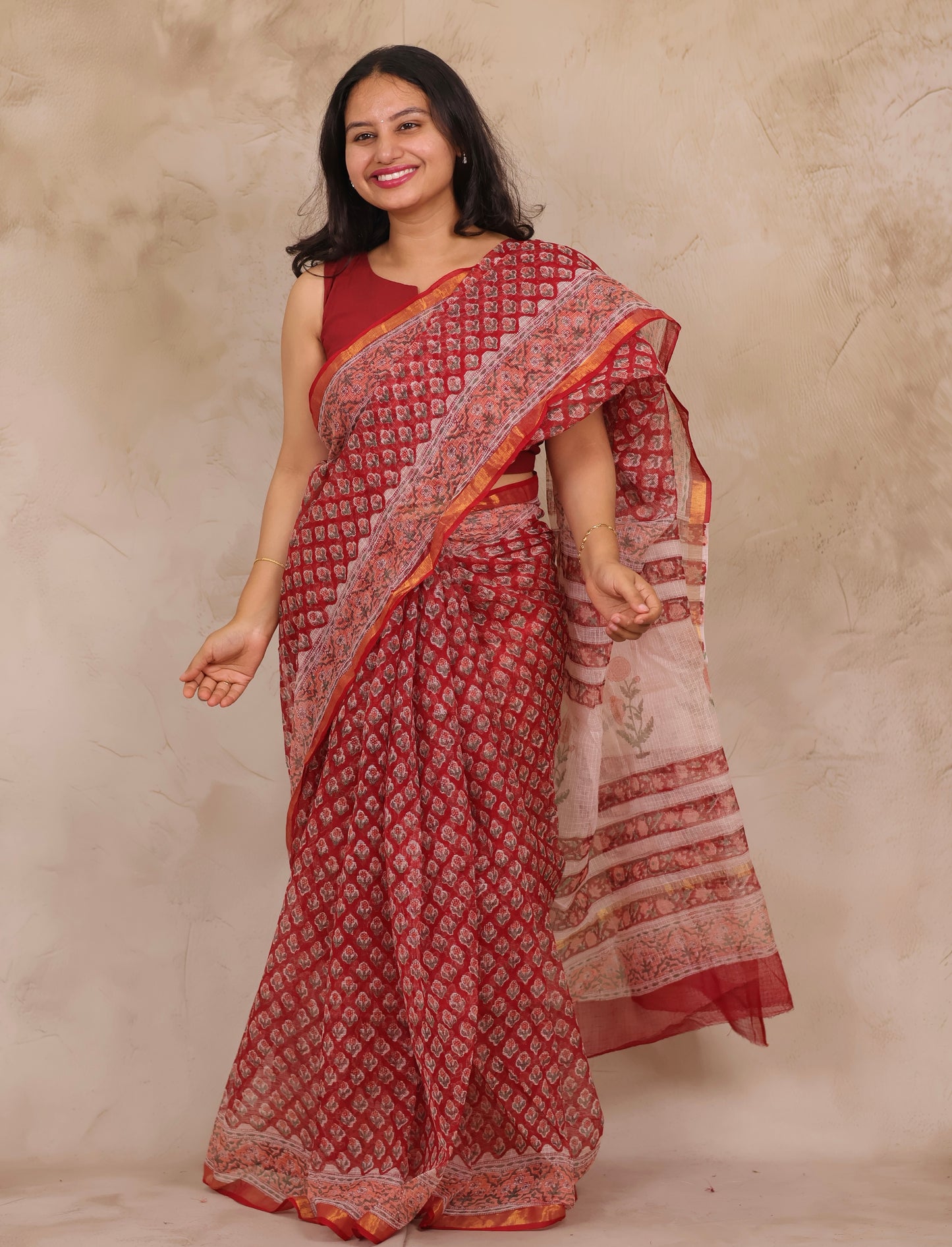 Red Pure Kota Doria Saree with Bagru Handblock Prints | Looms & Tassels
