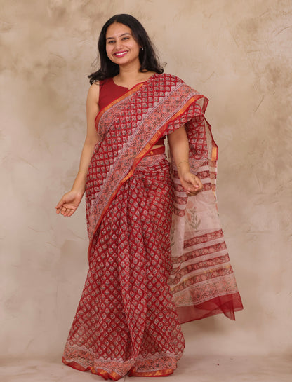 Red Pure Kota Doria Saree with Bagru Handblock Prints | Looms & Tassels