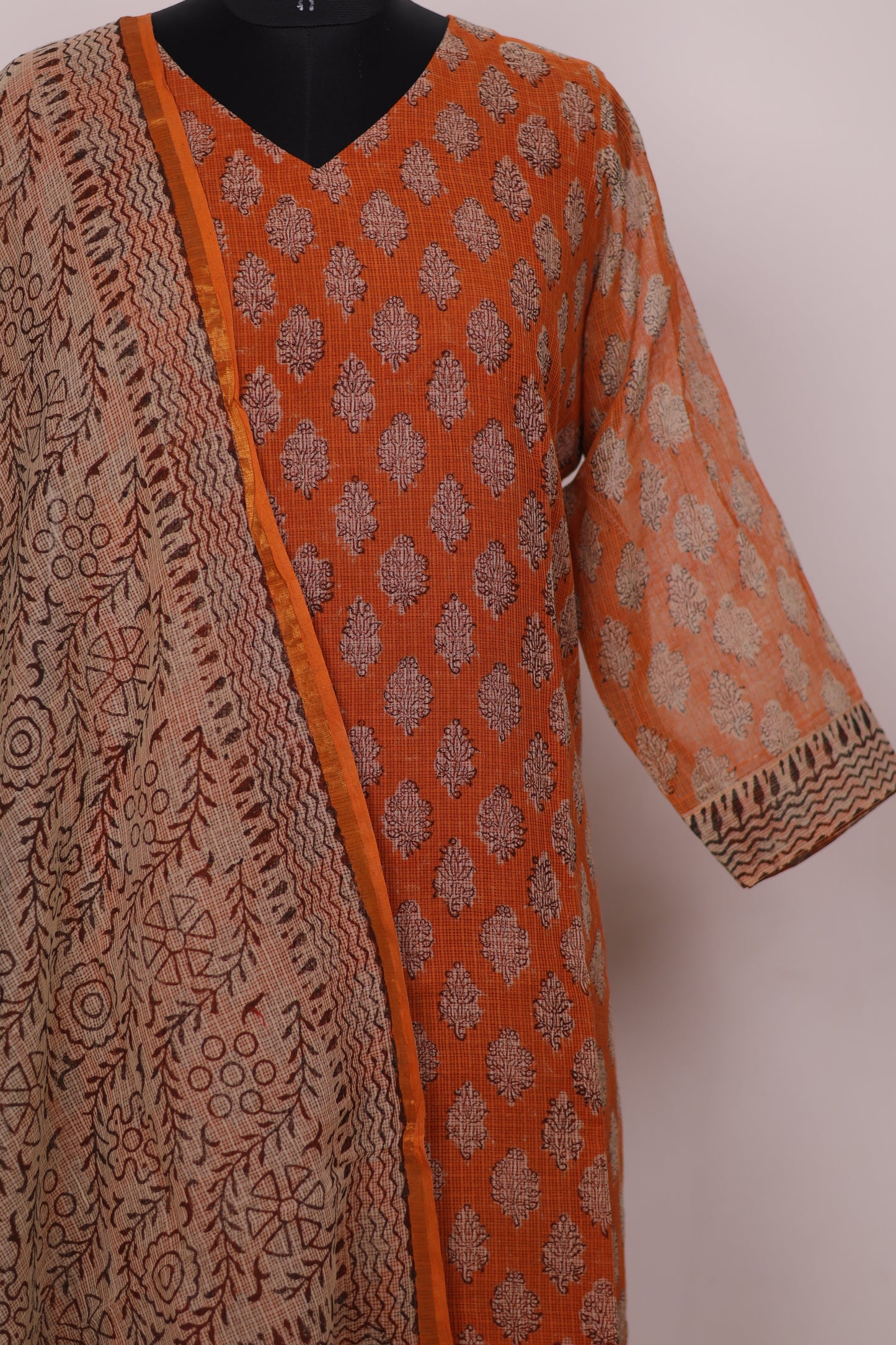 Orange Handblock printed kota 3 piece suit (stitched)